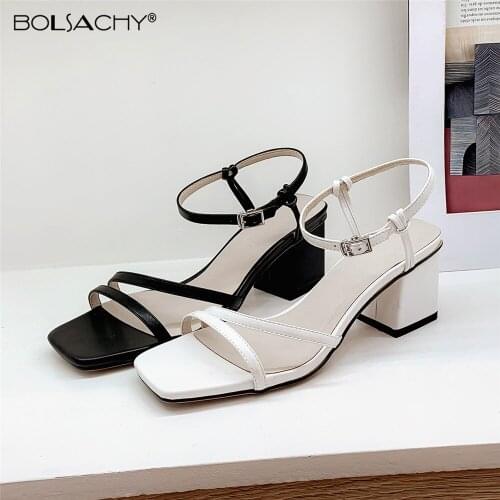 Summer Shoes Women Sandals Sexy Thick High Heels Brand Design Square Toe Ladies Open Toe Narrow Band Ankle Strap Sandals White