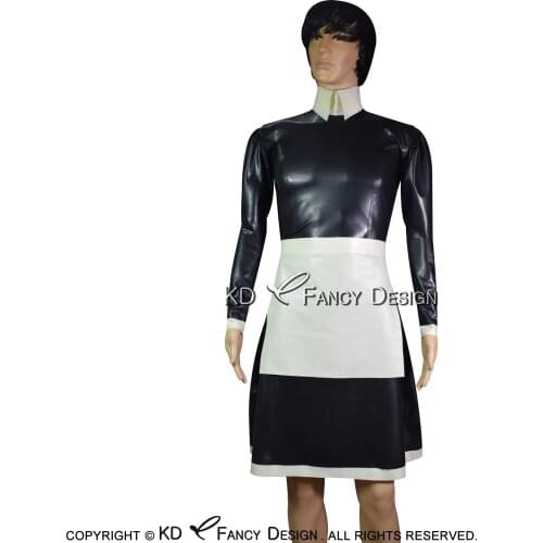 Black And White Apron Sexy French Maid Latex Dress With Zipper At Back Rubber Uniform Bodycon Playsuit LYQ-0124