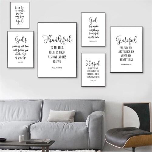 Thankful Blessed God Poster Black White Psalm Quotes Wall Art Painting Bible Verse Canvas Print Wall Pictures Living Room Decor