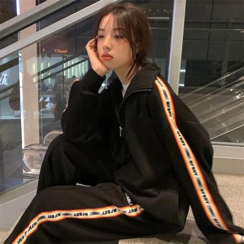Harajuku Print Sports Pants Suits Womens Fashion Casual Sweater Two Piece Suit Female 2021 Autumn Korean Ensembles Femme Black