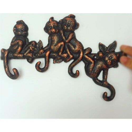 2PCS Cast Aluminum Decorative Coat Rack with 4 Hooks Monkey Key Clothes Hanger Holder Wall Home Door Decoration Antique Animal