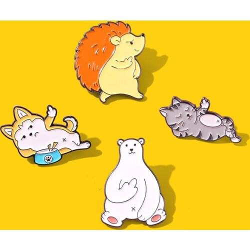 Funny Animal Enamel Pins Finger Cool Lying Cat Bear Hedgehog Custom Brooches Lapel Pins Accessories Backpack Gift for Friends
