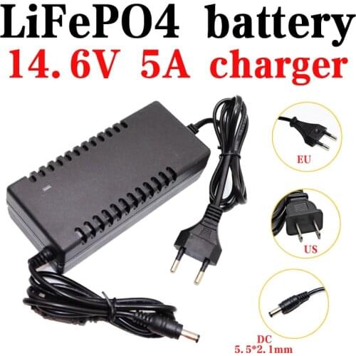 14.6V 5A LiFePO4 charger 4S 3.2V 12.8V Lifepo4 battery pack charger DC5.5*2.1mm plug Smart power off AC 100-240V EU/US plug