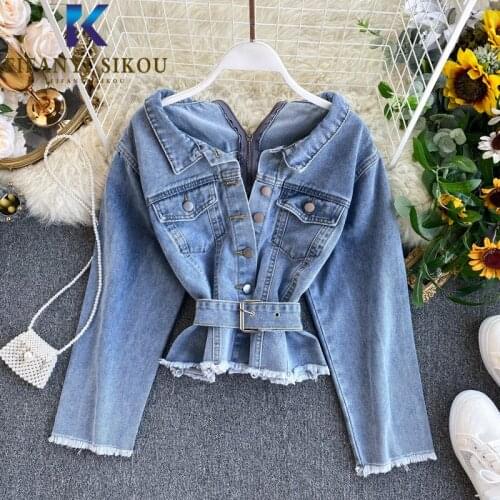 2020 New Women Sexy Denim Jacket Short Coat Pocket Back Zipper Long sleeve Jeans Jacket Female Fashion High waist Jeans Coat