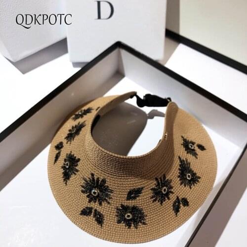 2021 Hat summer New Women Embroidery Straw Sun Hats Flowers Big Eaves Empty Top Outdoor Travel Collapsible Shading Cap QDKPOTC