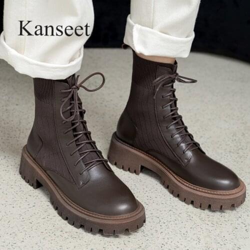 Kanseet New Female Short Boots 2021 Autumn Winter Round Toe Cross-Tied Cow Leather Mid Heels Handmade Platform Women Ankle Boots
