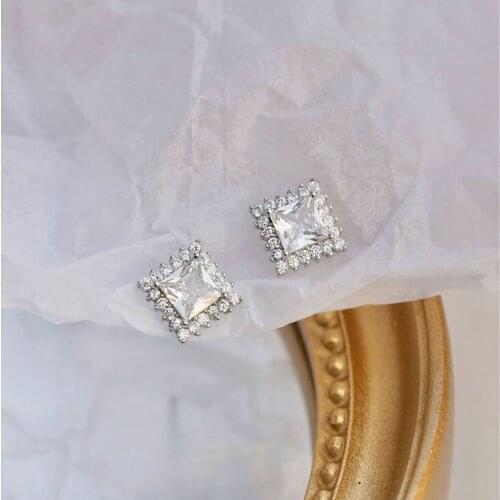 Female Small Square Stud Earrings Luxury Crystal Zircon Stone Wedding Earrings Real 925 Sterling Silver Gold Earrings For Women