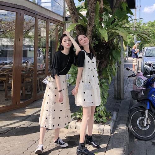 Women Sister Clothing Set Black Top + Dress 2Pcs Fresh Cute Suit Polka Dot Outerwear Spring Autumn Fashion Style Clothes