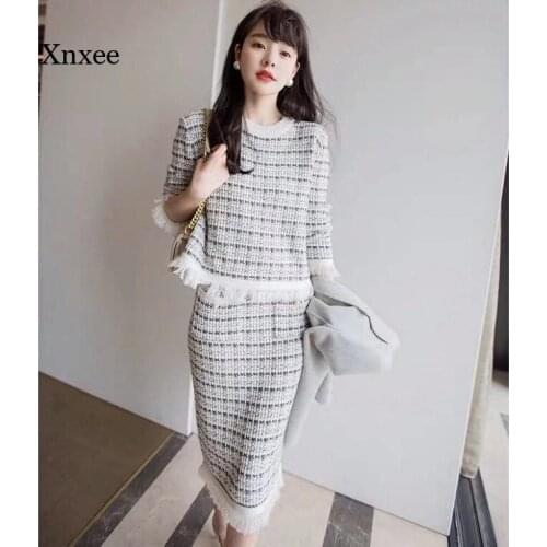 Flower Knitting Top Skirt Two Pcs Set Autumn Spring Women Elegant Leisure Suit Outfit Fashion Slim Grid French Ins Clothing