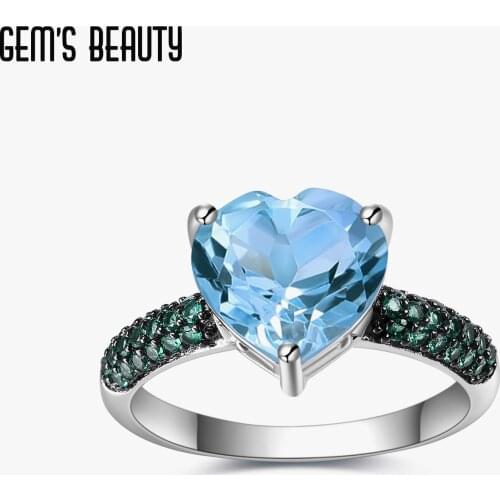 GEMS BEAUTY Natural Heart Shape Sky Blue Topaz Handmade Statement Ring 925 Sterling Silver Gemstone Ring For Women Fine Jewelry