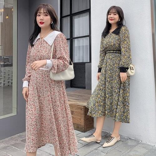 Spring Printed Long Sleeves Plus Size Holiday Female Red Dress Summer Vintage Floral Loose Peter Pan Collar Cute Women Dress