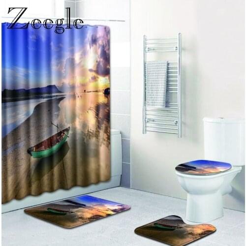 Zeegle 4 Pcs Scenic Pattern Shower Curtain Bath Mat Toilet Pad Set Anti-slip Toilet Carpet Soft Flannel Bath Mats