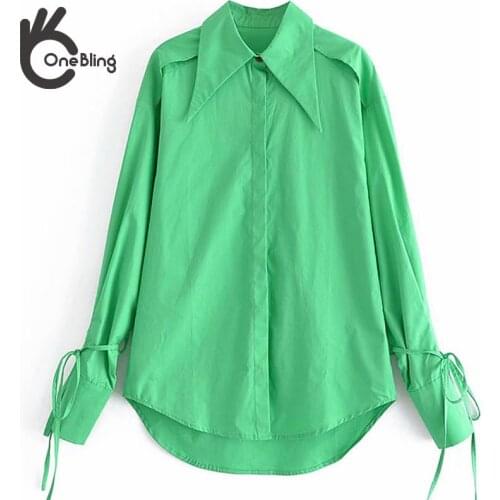 OneBling Za Woman 2021 Casual Blouses Traf Tops Summer Autumn Fashion Tie Detail High Low Hem Green Female Loose Shirts