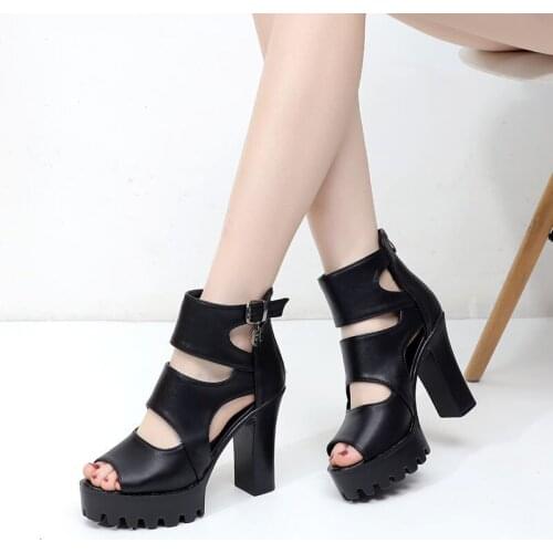 Peep Toe Womens High Heel Sandals 2021 Leather Chunky Heel Waterproof Platform Non-Slip Womens Sandal Open Toe All-Matching