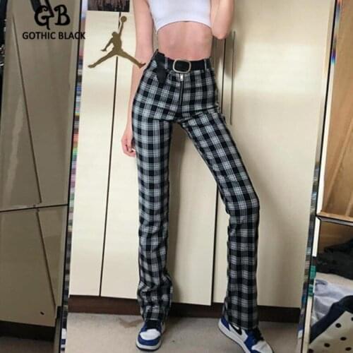 Gothic Black Vintage Plaid High Waist Women Trousers 2019 Winter Goth Punk Harajuku Streetwear Dark Female Pants With Waistband