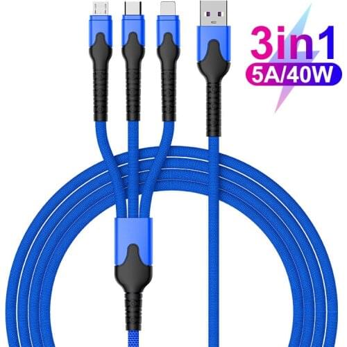 5A 3 In 1 USB Data Cable 1.2m USB A To Micro USB/Type C/8 Pin Phone Charger Kable 40W Fast Charging Cord For iPhone 12 11 Redmi
