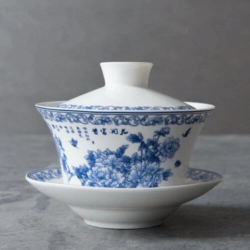 Jingdezhen Tea Cup 200ml Blue and White Porcelian Gaiwan Chinese Retro SanCai Tea Bowl Ceramic Tea Cup and Saucer Set Tea Ware