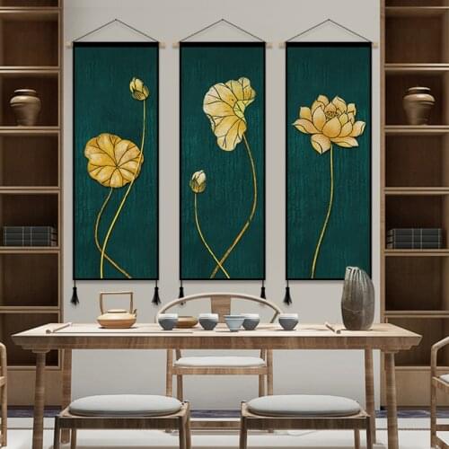 Chinese Style Scroll Painting Wood Canvas Printed Painting Modern Lotus Wall Art Flower Poster for Living Room Decor