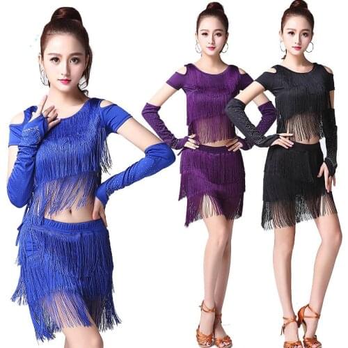 Adult Womens Latin Dance Set Tassel Tops+Skirt Suit Salsa Dance Fringe Dress Stage Costumes Tassels Cha Cha Ballroom dresses