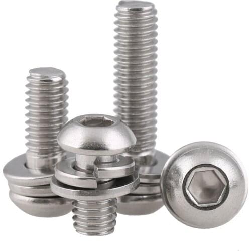 M3 M4 M5 M6 Hexagon Socket Button Head Round Bolts Three Combination Screw Three Sem Screws with Flat and Spring Washer