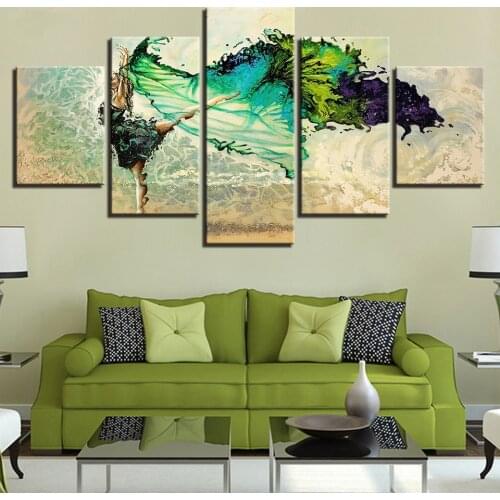 Canvas Wall Art Pictures Modular Home Decor 5 Pieces Green Ballerina Girl Butterfly Dancing Paintings HD Prints Poster Framework