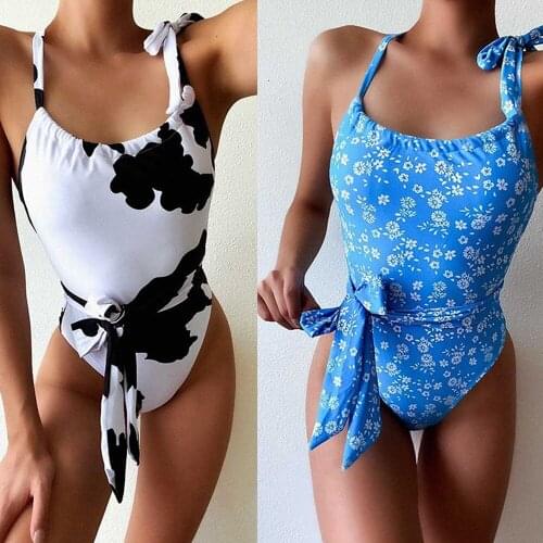 New Flower Printed with Belt Halter One Piece Swimsuit Women Swimwear Female Bather Bathing Suit Swim Lady