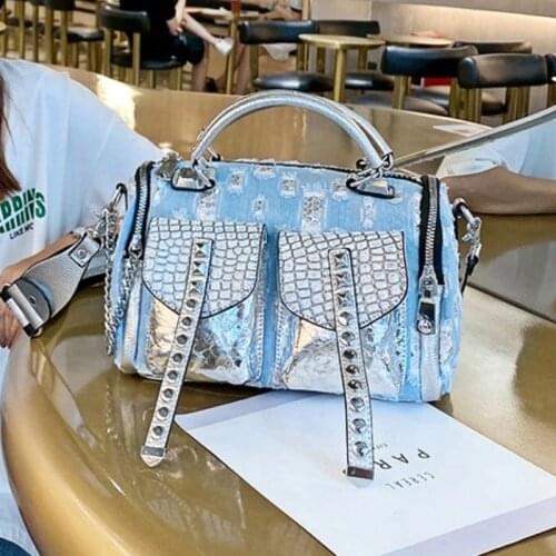 Luxury Women Brand Handbags Denim with Leather Shoulder Bag Shining Sequines Ita Large Capacity Tote Bag 2021 New Sac