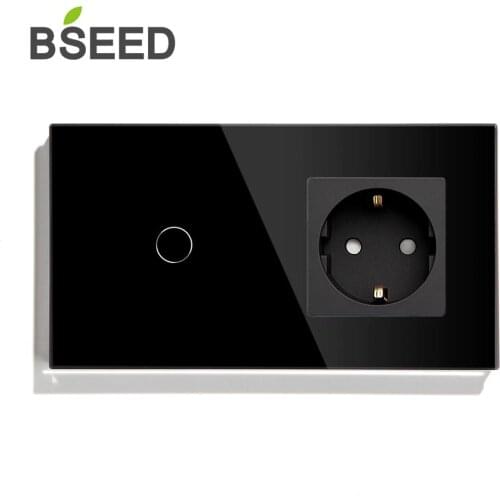 BSEED 1 Gang 2Gang 3Gang 1 Way EU Standard Touch Switch With Socket Black White Gold Crystal Glass Panel Switches 157*86mm
