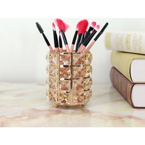 Dressing Table Makeup Tool Storage Tube Plating Metal Crystal Storage Box Crafts Pen Holder Home Decoration Accessories