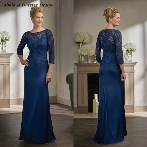 Navy Blue Mermaid Mother Of The Bride Dresses 2021 Long Applique Lace Three Quarter Sleeve O Neck Evening Dress Prom Vestidos