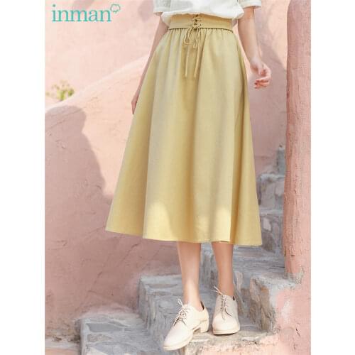 INMAN Summer Cotton Women Button Wear Yellow Color Kawaii Cute Lady Bandage High Waist Lace-up Nipped Waist A-line Midi Skirt