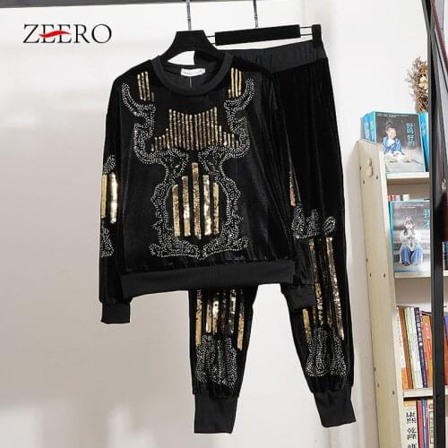 Autumn Women Sequins Embroidery Velvet Tracksuit 2 Piece Set Streetwear Loose Black Pullover Top + Pants Sets Plus Size Outfits