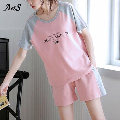 Anbenser Women Summer Cotton Sets Casual Stitching Printing Two Pieces Short Sleeve T Shirts High Waist Short Pants Solid Outfit