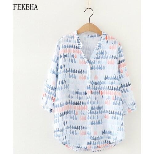 Summer Shirts Women Floral Print Blouses And Tops V Neck Half Sleeve Loose Lady Tops Water Drops Cotton Female Clothes