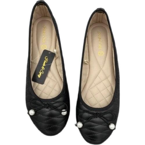 Black Leather Pearl Bow Women Ballet Flats Round Toe Ladies Slip On Loafers Soft Sole Moccasins Casual Walk Driving Shoes Female