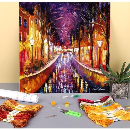Purple Canal Printed 11CT Cross Stitch Complete Kit Embroidery DMC Threads Needlework Handicraft Sewing Craft Floss Magic