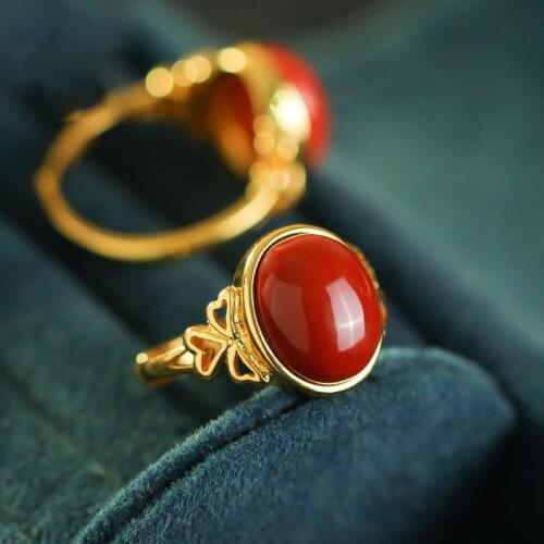 Hengqiao Natural South Red Agate Egg Noodle Ring S925 Silver Plated Oval Opening Adjustable Index Finger Ring Female