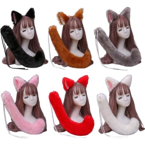 Japanese Anime Halloween Cosplay Costume Set Solid Color Faux Fur Kitten Wolf Ears Headband with Plush Animal Long Tail