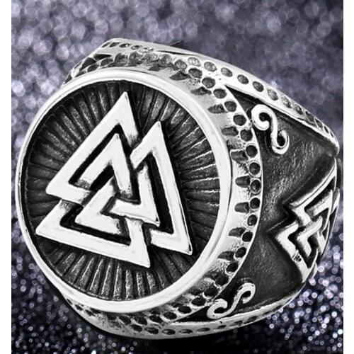 Stainless Steel Mens Viking-Odin Vegvisir Ring Vintage Amulet-Triangle Rings Nordic Talisman Jewelry Gift