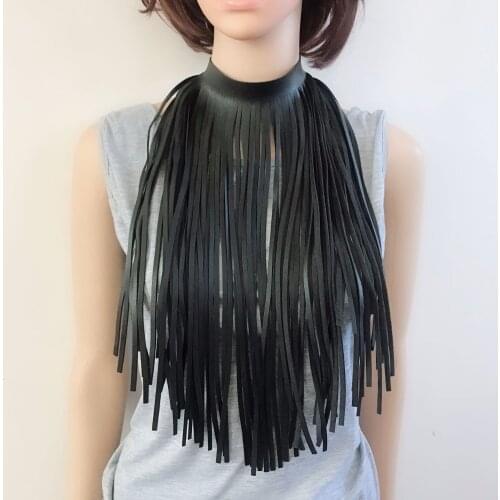 New Black Dark Green Leather Collar Tassel Necklace