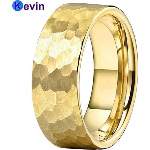 Gold Wedding Ring Tungsten Hammer Ring Wedding Band For Men Women Multi-Faceted Hammered Brushed Finish 6MM 8MM Comfort Fit