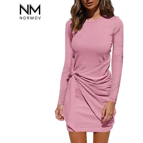 NORMOV Autumn Winter Dress Women Cotton Tether Knot Long Sleeve Dress Round Neck Solid Color Slim Casual Dresses for Women 2021