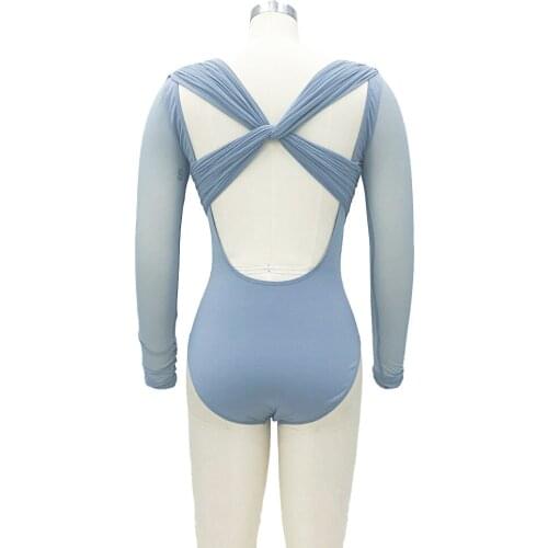 Luxurious Nylon Spandex Leotard Dance Wear Ballet Costume with Back Crossing Pleated Belts for Adults Female Teens Girls