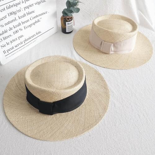 Classical Womens Palma Boater Hat Wide Brim Sun Hat Ladies Ribbon Bow Straw Hat Summer Travel Derby Hat