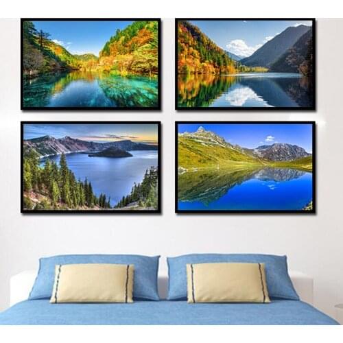 Modern Decorative Blue Sky Sunny Day Natural Landscape Green Mountains and Lake Art Poster Prints Wall Pictures Living Room Dec
