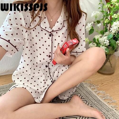 WIKISSPJS Korean Love Cotton Loose Pajamas for Women In Summer Pajamas for Teen Girls Kawaii Pajama