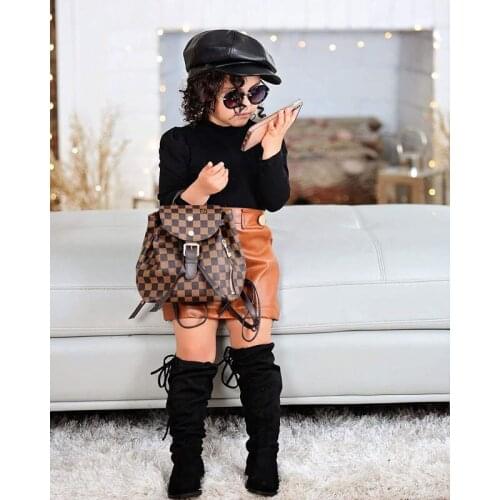 Toddler Baby Girl Spring Autumn Clothes Solid Color Long Sleeve Sweater Tops Leather Mini Skirt 2Pcs Outfits Clothes Set 2-7Y