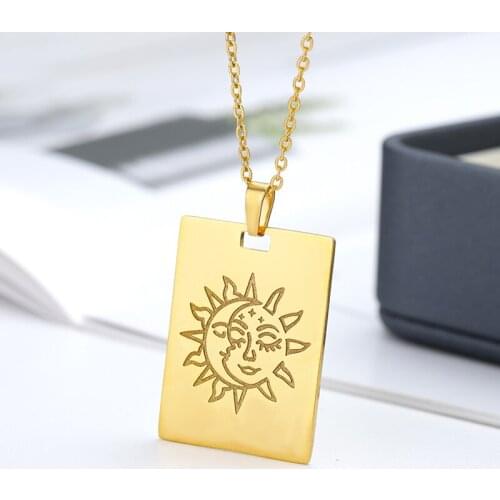 Vitage Sun Moon Tarot Card Necklace Stainless Steel Smile Moon Square Pendant Boho Choker Neck Jewelry For Women 2021 New Gift
