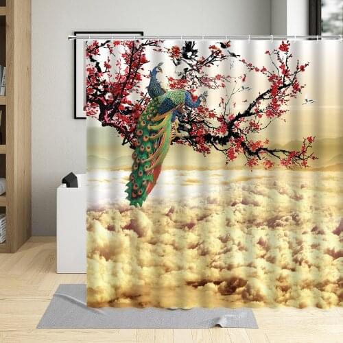 Peacocks Shower Curtain Red Plum Flower Bird Floral Plant Landscape Pattern Bathroom Decor Polyester Cloth Curtain Set With Hook