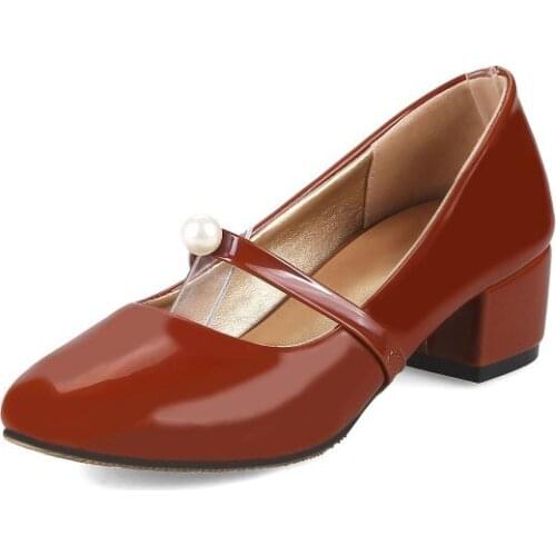 Big Size ladies high heels women shoes woman pumps Pearl pumps with chunky heels and rounded toes